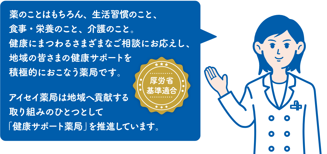 薬のことはもちろん、生活習慣のこと、食事・栄養のこと、介護のこと。健康にまつわるさまざまなご相談にお応えし、地域の皆さまの健康サポートを積極的に行う薬局です。アイセイ薬局は地域へ貢献する取り組みのひとつとして「健康サポート薬局」を推進しています。