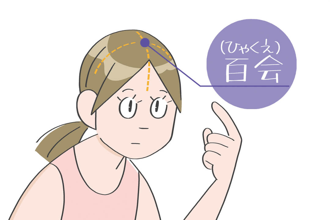 百会（ひゃくえ）の位置（頭の中心部分）