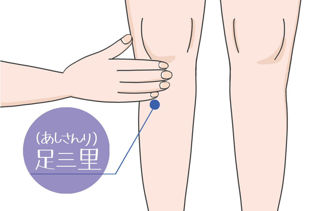 足三里（あしさんり）の位置（膝のお皿のすぐ下）